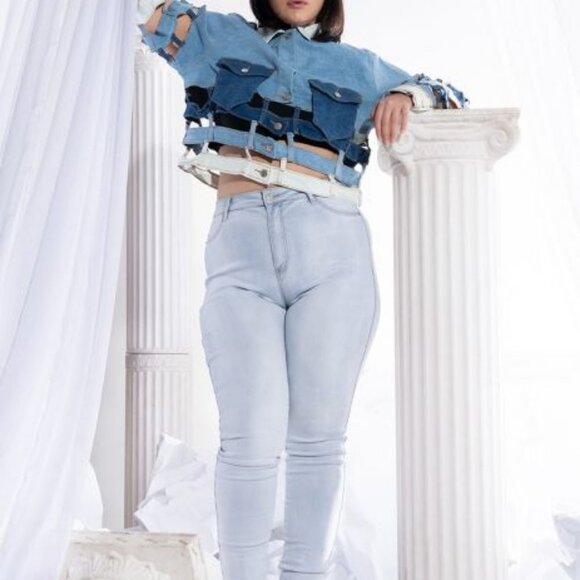 PLUS AZALEA WANG CAGED PANELED DENIM JACKET - Picture 7 of 9